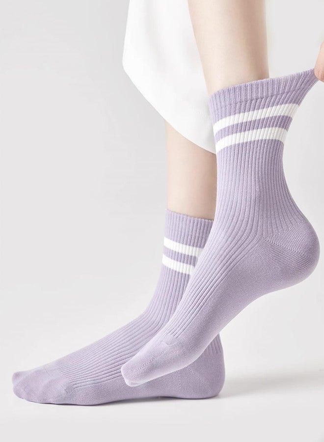 PLZSITDOWN Womens 3 Pairs Solid Color Two Stripe Crew Socks Casual Athletic Socks for Women Girls Blue/Beige/Purple - Image 4